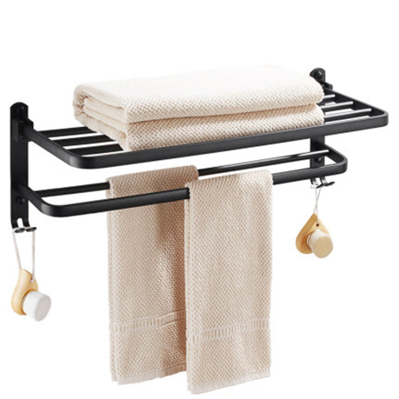 Black 304 stainless steel foldable bath towel rack, hotel hanging towel rack, bathroom storage rack, wall-mounted, no need for drilling Item Picture