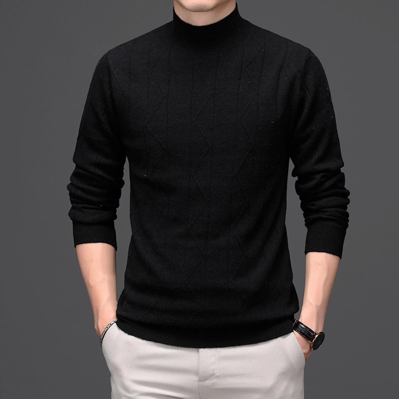 Men's semi-high neck solid jacquard wool sweater for autumn and winter, new men's trendy Korean-style thickened warm sweater 3M2022 details Picture