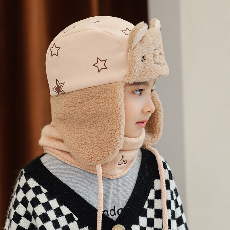 Sheepskin hats for children in winter, thickened and fleece ear-protecting cotton hats, Korean-style trendy five-pointed star Lei Feng hats for children to keep warm