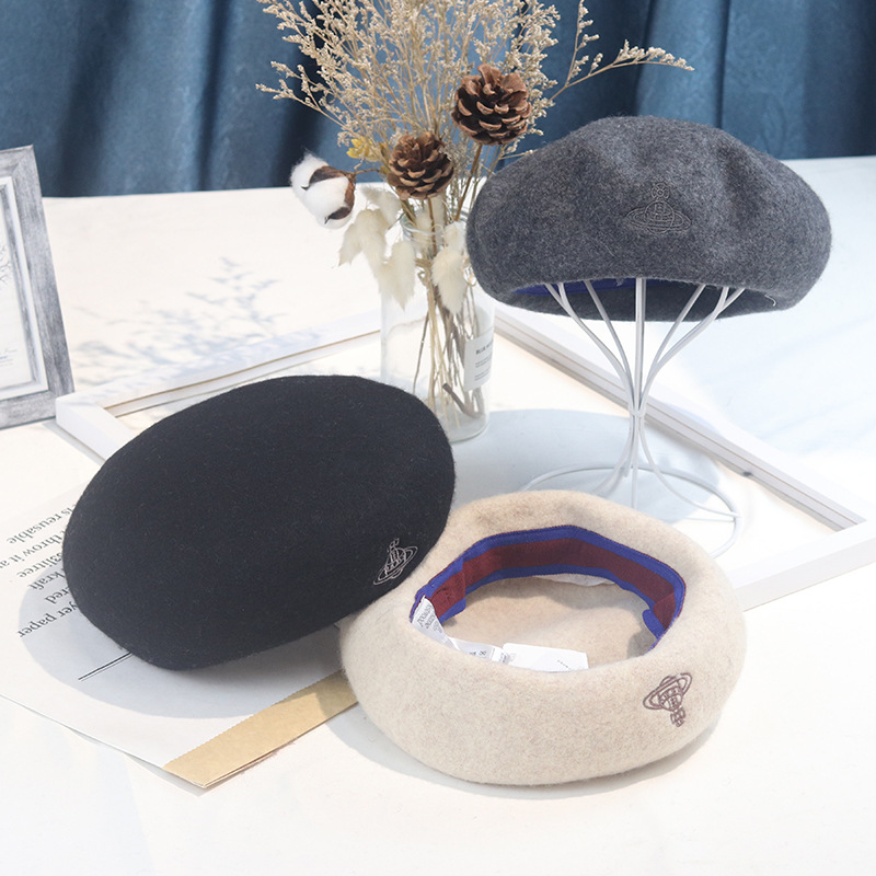 Classic Saturn Embroidery solid color everything retro warm pure wool beret lady details Picture