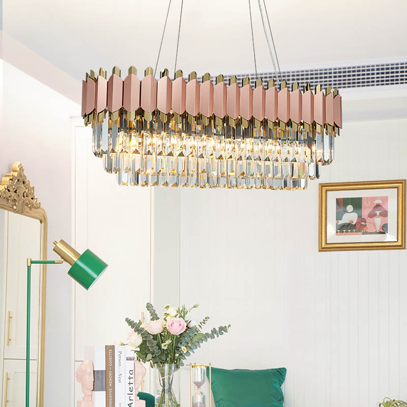 Postmodern crystal restaurant chandelier, rectangular light luxury crystal lamp, simple, elegant and creative household LED lamp details Picture