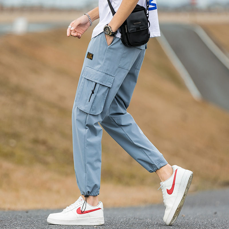Men's trendy workwear pants, 9-inch casual long pants, men's loose spring and autumn thin drawstring sports Korean style trend distribution Specification image