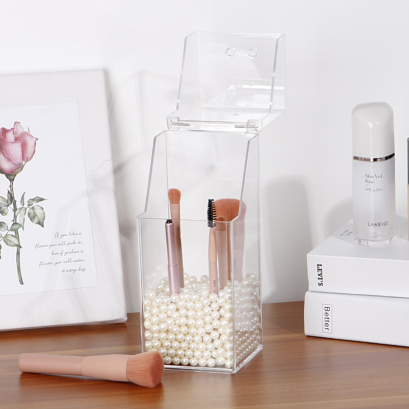 Square Pearl Makeup Case Transparent Clamshell Dust-Proof Acrylic Makeup Brush Storage Case Bucket Eyebrow Pencil Brush Desktop Finishing details Picture