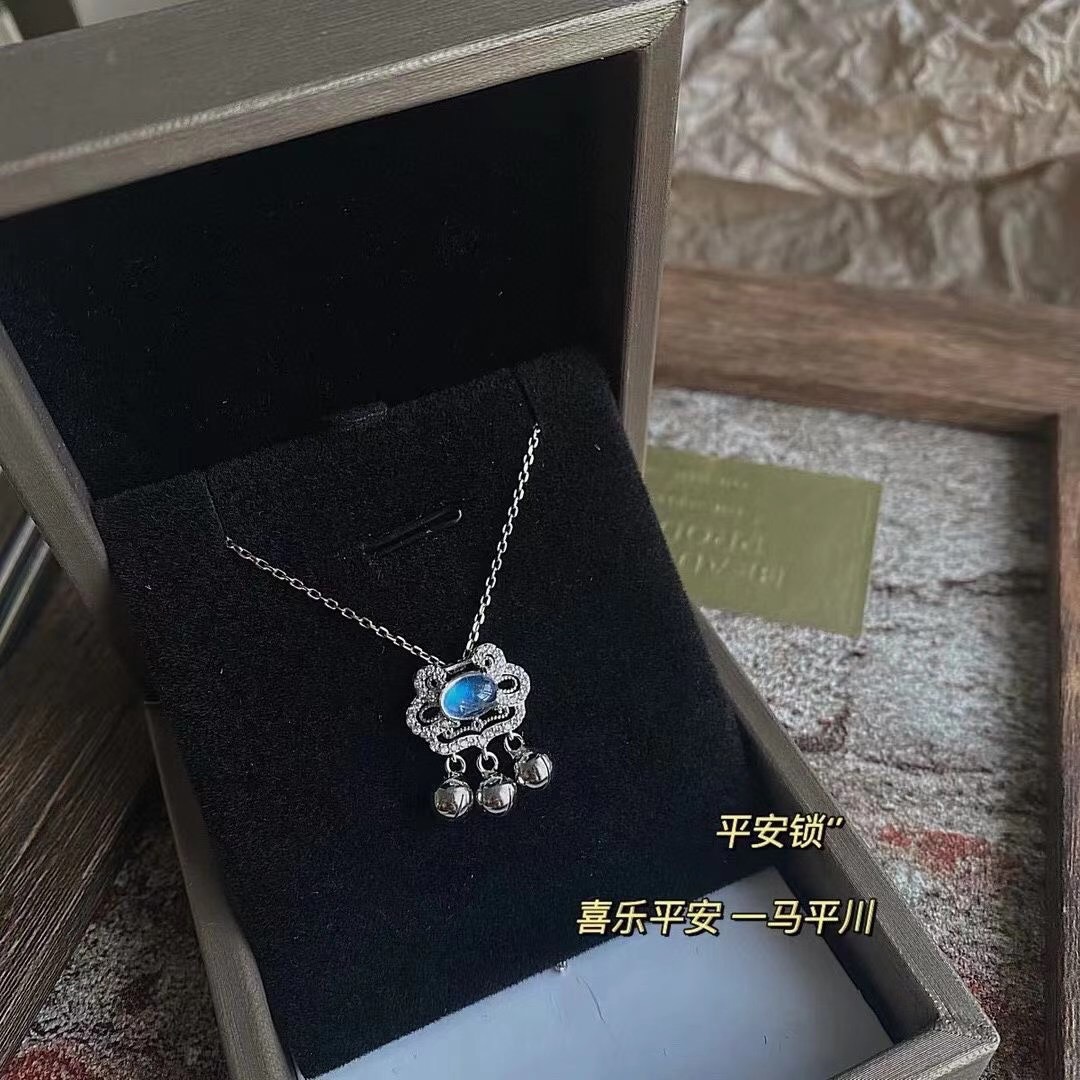 Peace Lock Sri Lanka Moonstone Necklace Women's s925 Silver Gentle bell pendant Peace clavicle chain