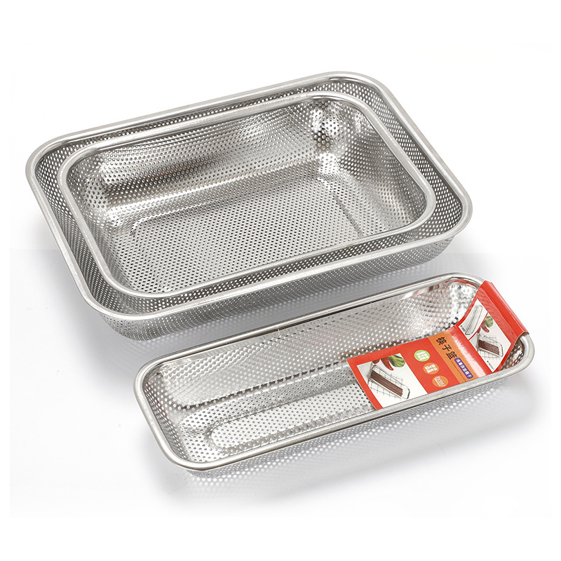 Thickened stainless steel drain basket punching basket Rectangular washing net basket basin full figure