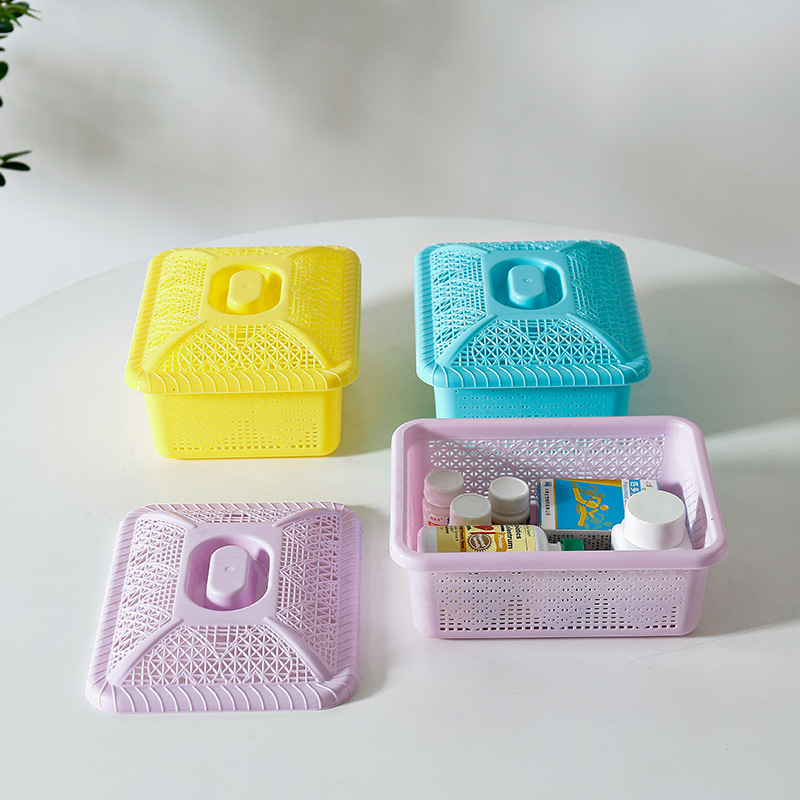 Hollowed-out storage basket with lid, plastic box, fruit basket, square hollowed-out plastic basket for fruits and vegetables, rice-washing fruit and vegetable sieve 0750