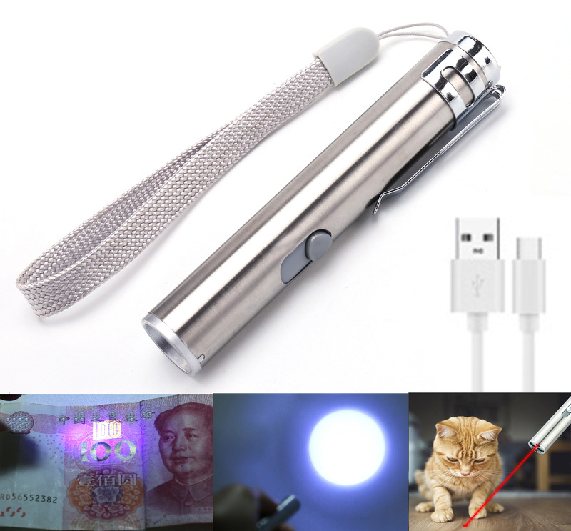 不锈钢多功能LED迷你手电筒可验钞激光灯红外线三合一可USB充电