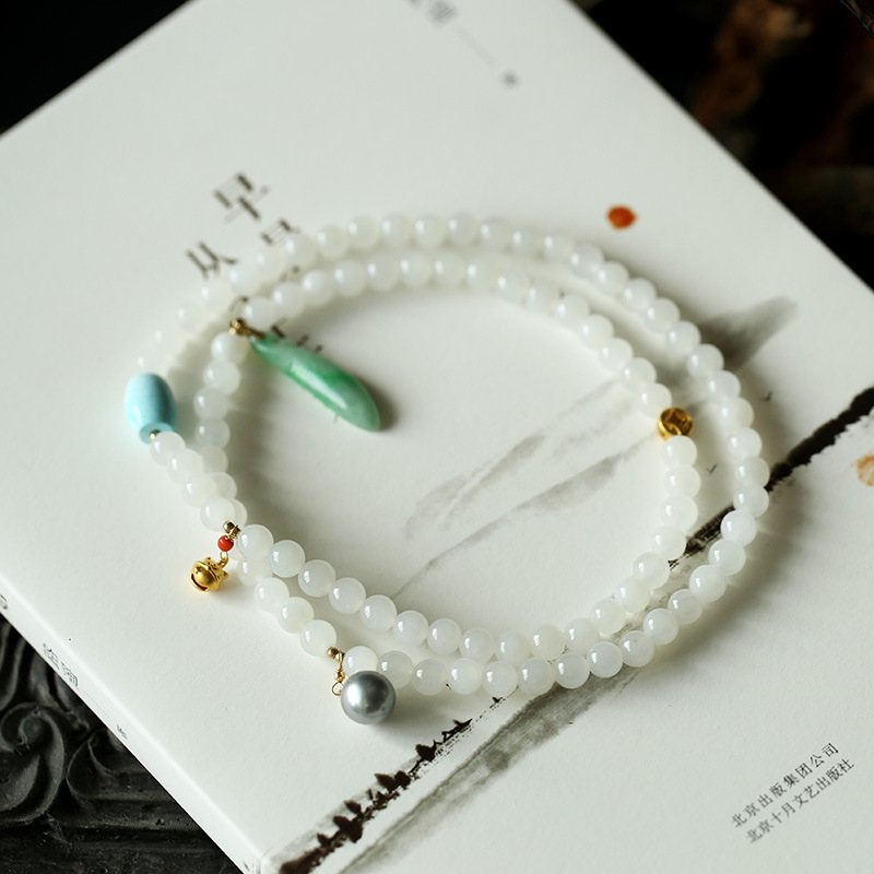 999 999 999 999 999 999 pure gold bell gold coin, natural Hetian jade, three-circle bracelet, jade black pearl, 18K gold diy for women Specification image