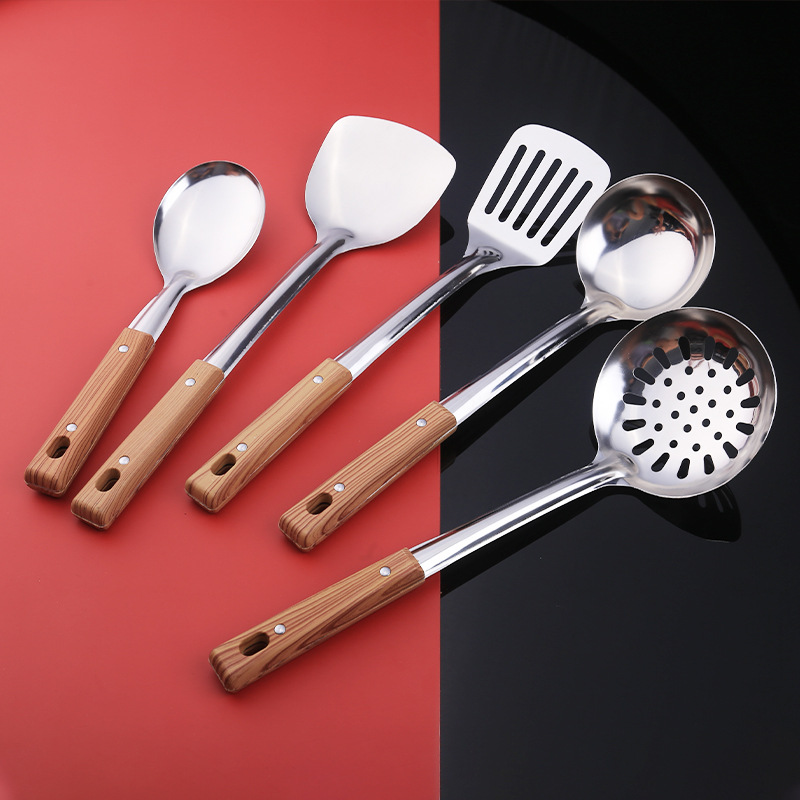 Thickened Stainless Steel Household Kitchen Spatula Imitation Wood Grain Handle Frying Spatula Rice Spoon Colander Cooking Utensil Five-Piece Set Application Scenario