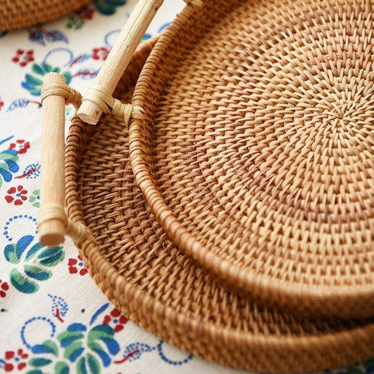 Vietnamese Rattan Hand-Woven Basket Snack Bread Picnic Basket Living Room Tabletop Storage Basket Two-Ear Hand-Held Storage Basket Application Scenario