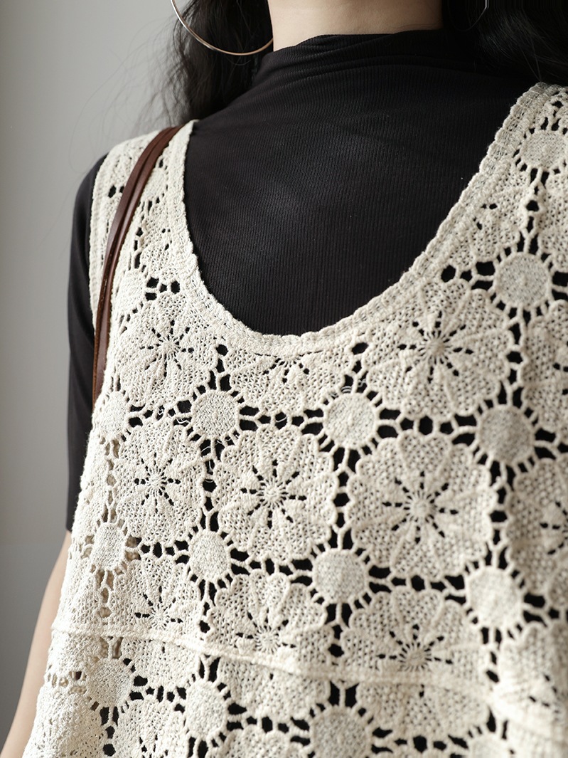 Jian Meng You You Cotton thread hook pattern hollowed-out mini vest, Spring and Autumn New retro Artistic loose sleeveless mini vest top details Picture