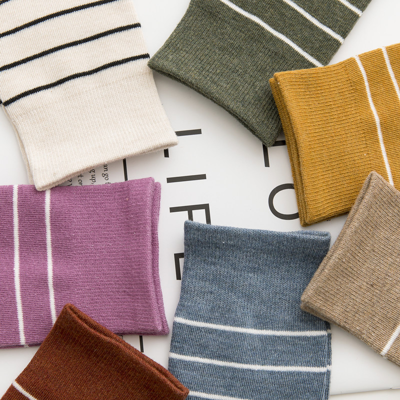 New mid-calf women's autumn and winter striped women's socks, Japanese and Korean style college-style women's cotton socks manufacturer wholesale Specification image