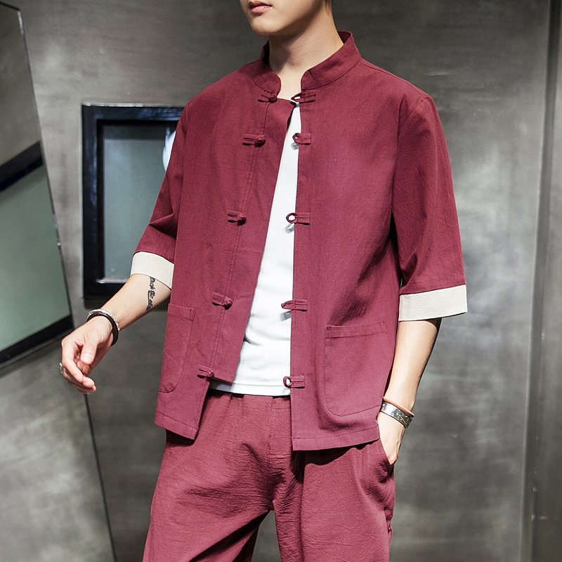2020 Summer New Chinese Style Cotton And Linen Tray Buckle Tang Suit Men's Retro Large Size Fashion Linen Men's Casual Coat Specification drawing