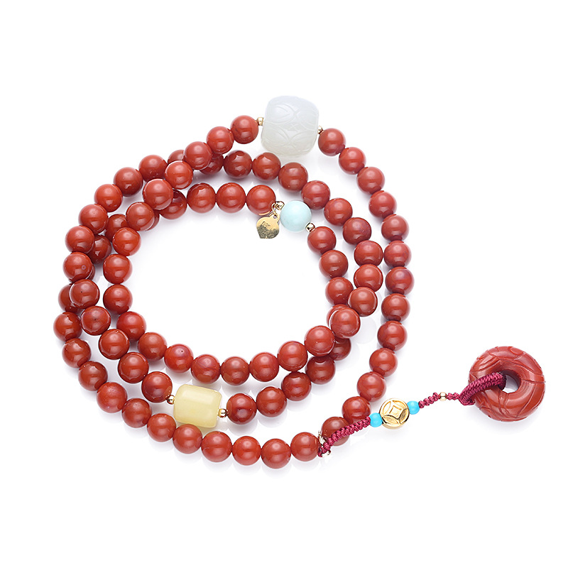 18K gold Sichuan Liangshan material Nan red agate three-circle beautiful matching carved peace buckle drip round bead bracelet, 6mm women's style Item Picture