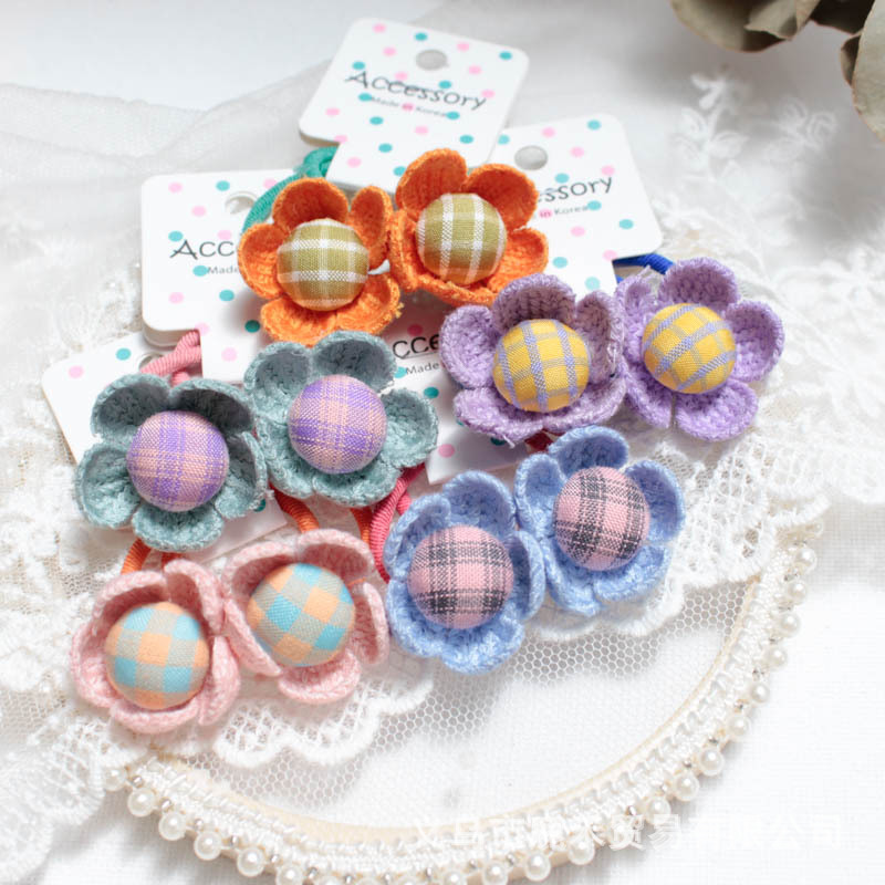 Korean Girl Small Fresh Flower Children Crochet Wool Fabric Check Button Five Flower Rubber Band Small Scrunchie