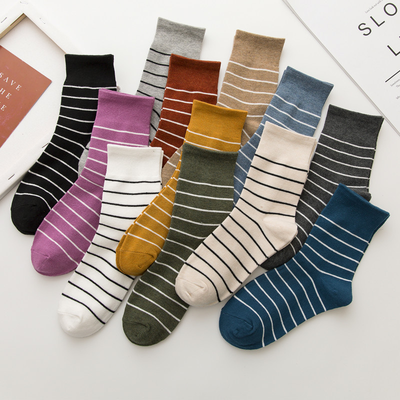 New mid-calf women's autumn and winter striped women's socks, Japanese and Korean style college-style women's cotton socks manufacturer wholesale details Picture