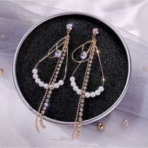 New 925 silver needle earrings Pearl rhinestone long earrings Geometric rhinestone chain studs simple all-matching earrings