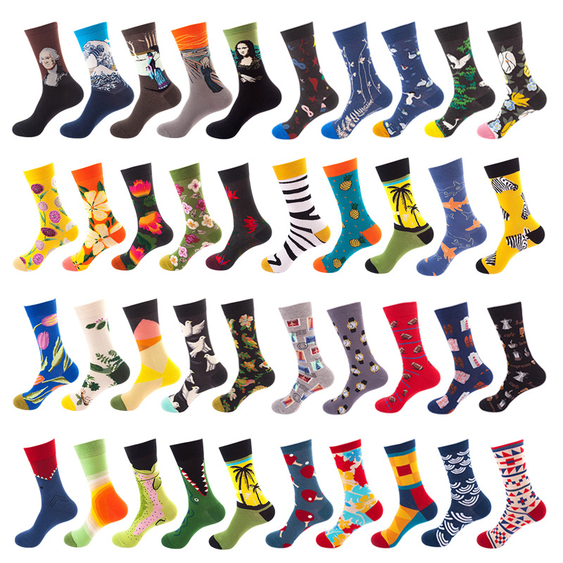 Calcetines de comercio exterior hombres y mujeres tendencias transfronterizas medias europeas y americanas marcas de moda de la calle calcetines para hombres amazon pintura al óleo calcetines para hombres al por mayor