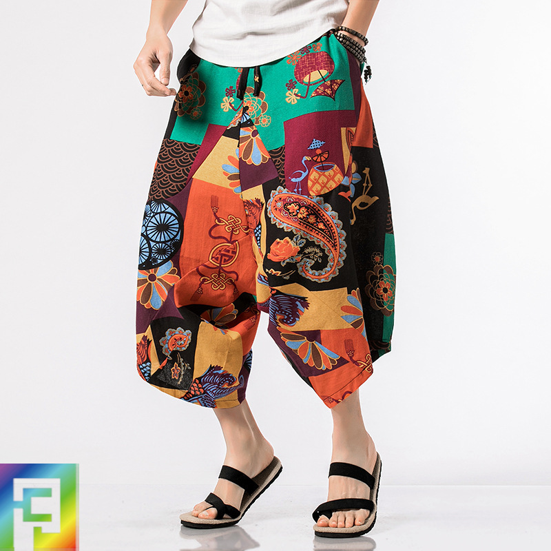 New large-sized Chinese-style casual caprix pants for men, summer fashion loose printed men's Harun beach pants details Picture