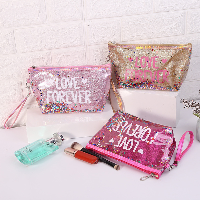 New Sequin Print Alphabet Makeup Bag Cartoon Makeup Toiletries Travel Storage Bag Hexagonal Tote Available