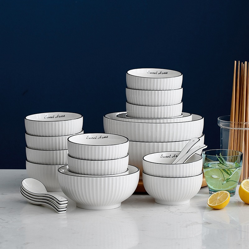名流白典雅黑线日式碗碟套装家用吃饭碗创意个性饭碗陶瓷餐具详情图4