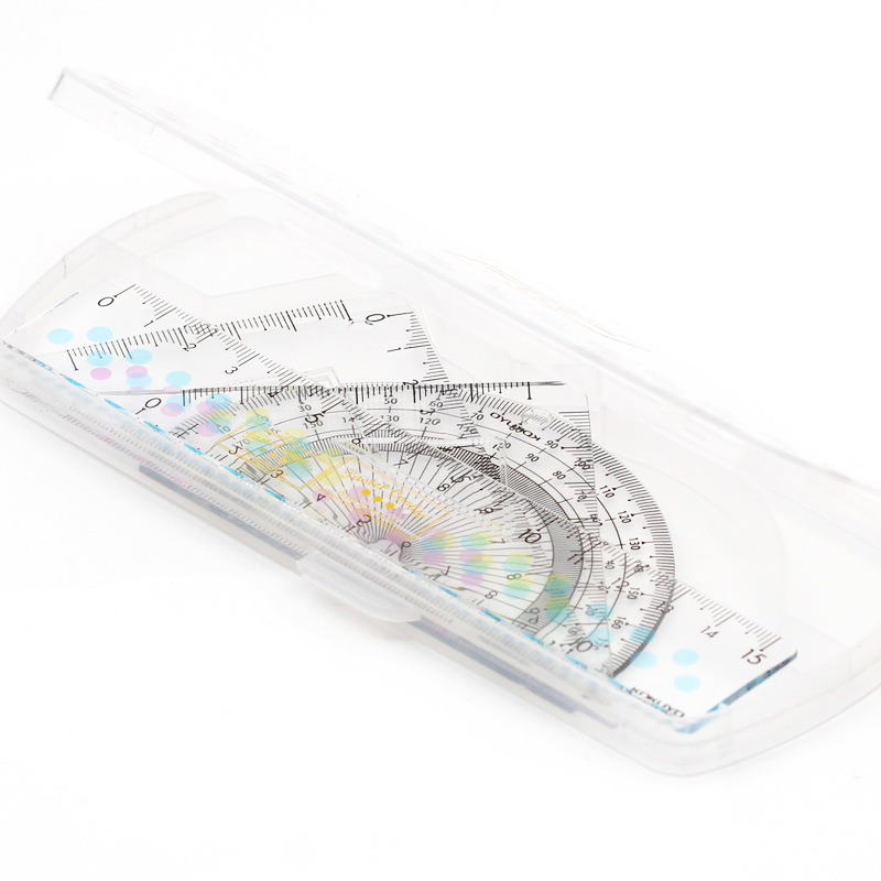KOKUYO ruler set from Japan: Multi-functional transparent protractor, set square, plastic 15cm straight ruler Item Picture
