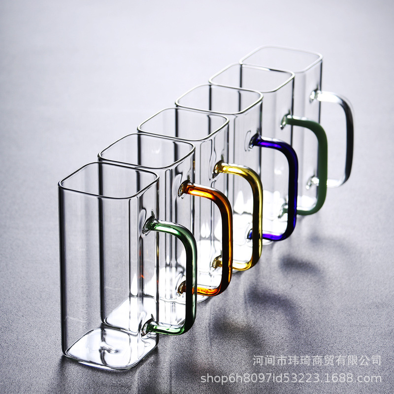 玻璃杯子方形绿茶杯 耐热家用透明水杯 无盖单层泡茶杯带把高硼硅