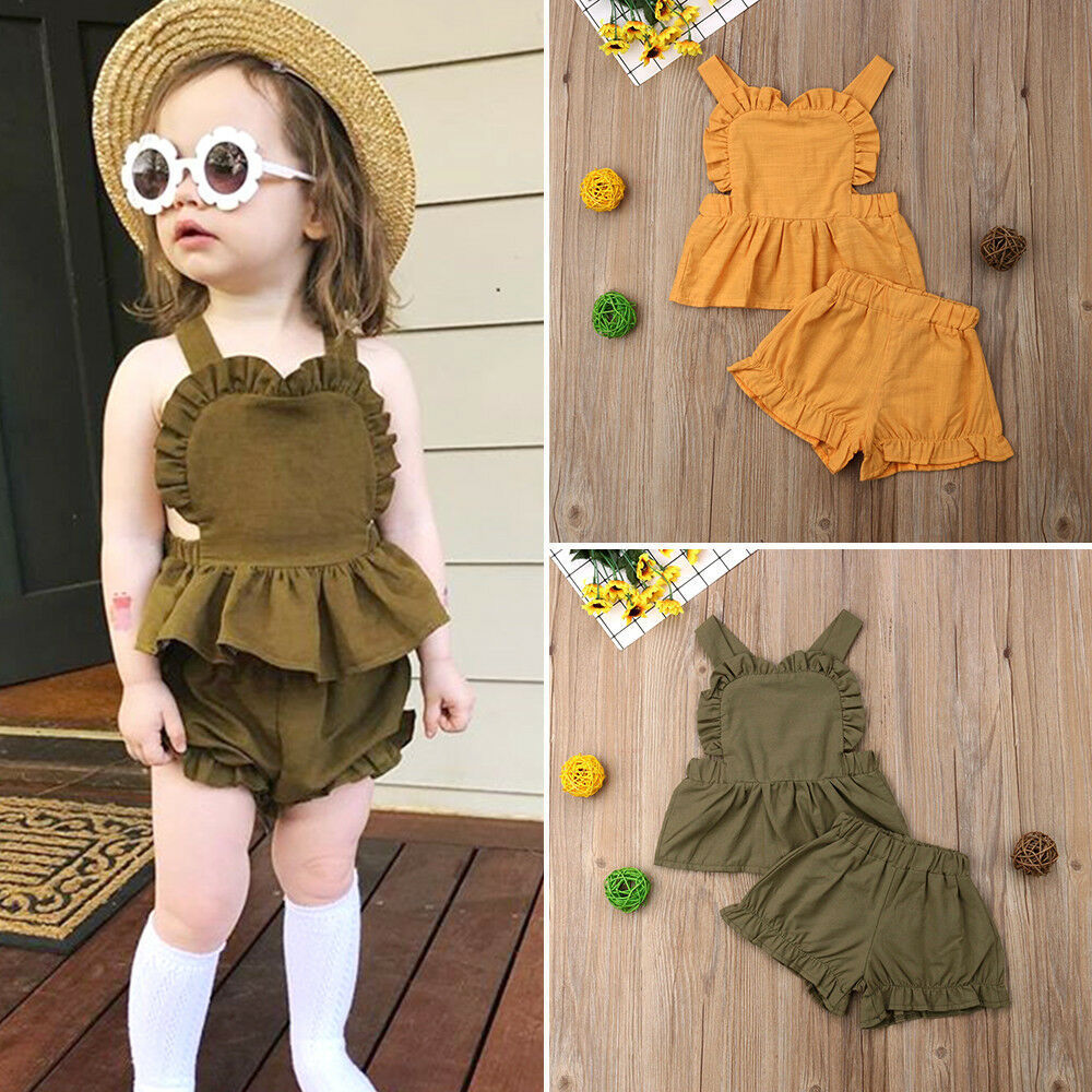 ins Summer children's cotton and linen fly-sleeved top +pp hot pants baby two-piece set with baby straps
