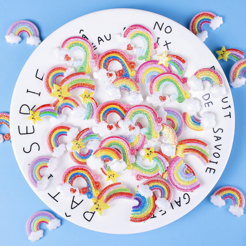 Resin accessories, glitter rainbow, diy children's brooches, hair clips, rubber bands, accessory materials, mobile phone cases, decorative patches Application Scenario