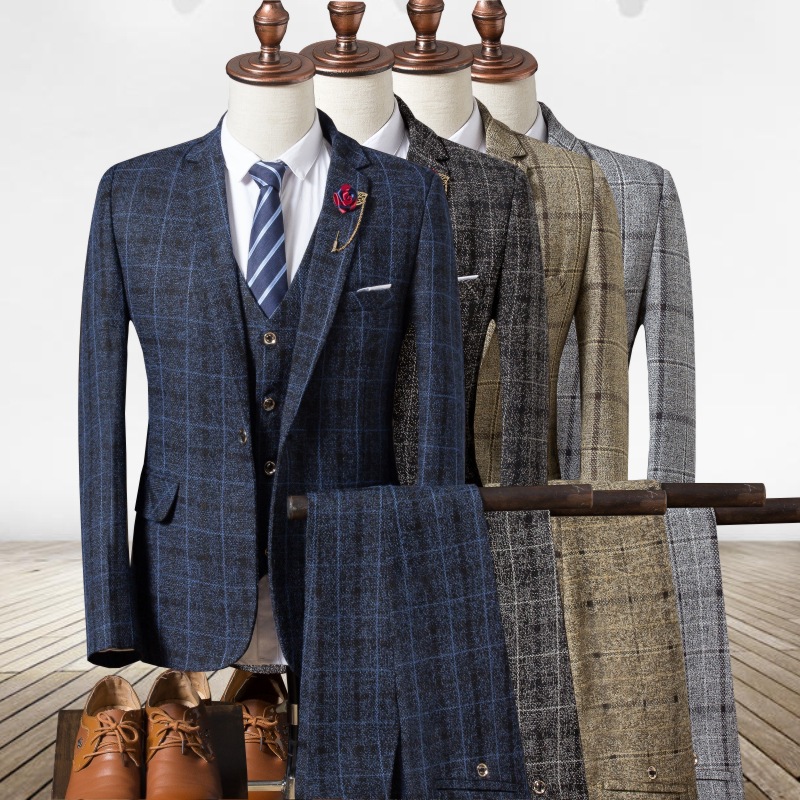Wholesale of 2020 Spring and Autumn Men's British fitted Checked suit three-piece set, fashionable and stylish men's casual evening dress set