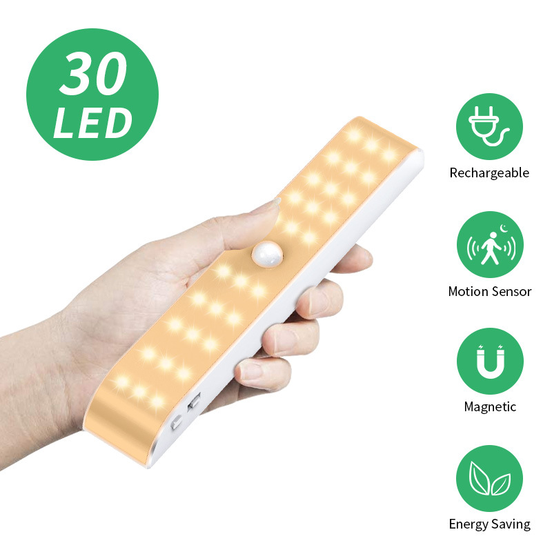 Three-row warm light wardrobe lamp, 30-LED cabinet lamp, human infrared sensor lamp, USB lithium battery rechargeable night light