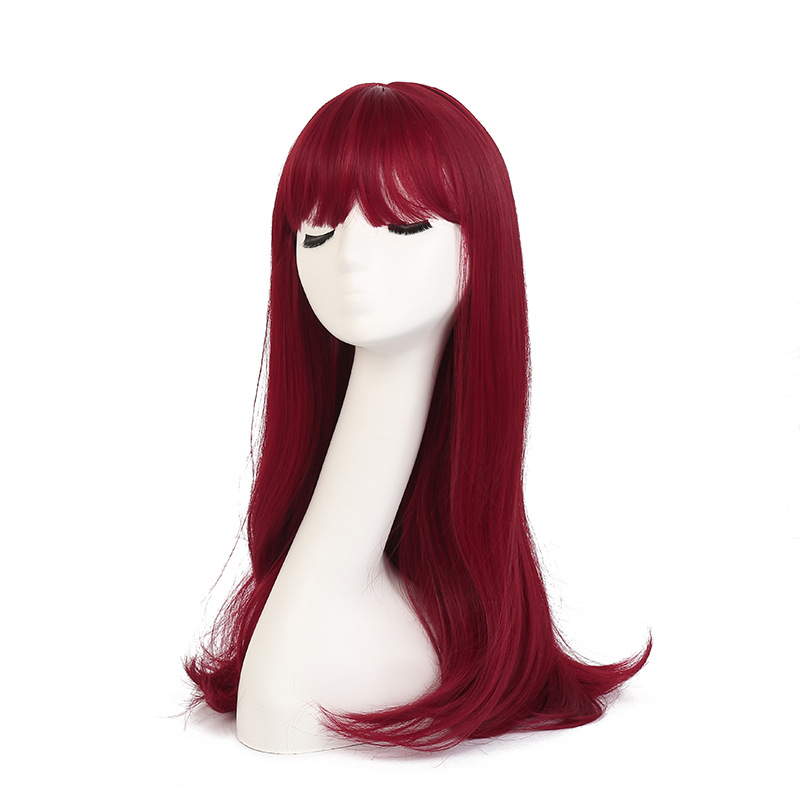 New wine red women's wig with straight bangs, cosplay real photos, long holiday hair cover wholesale Item Picture