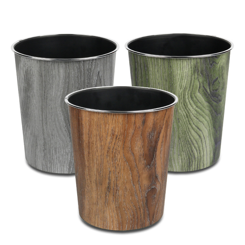 Wholesale of simple, lidless, round kitchen, bedroom and toilet wood-grain plastic trash cans, household high-appearance-level paper basket manufacturers Item Picture