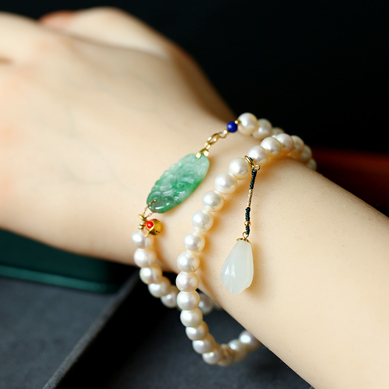 Natural freshwater pearl nearly round jade carved brand 18K gold necklace bracelet for women's pairs, DIY magnolia flower drip Specification image
