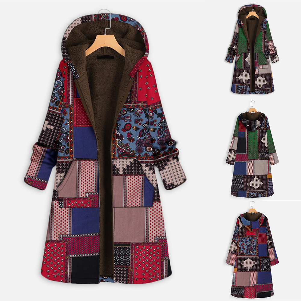 Amazon Autumn/Winter 2022 new patchwork color with cashmere cotton jacket ethnic style, hooded zipper long dress for women