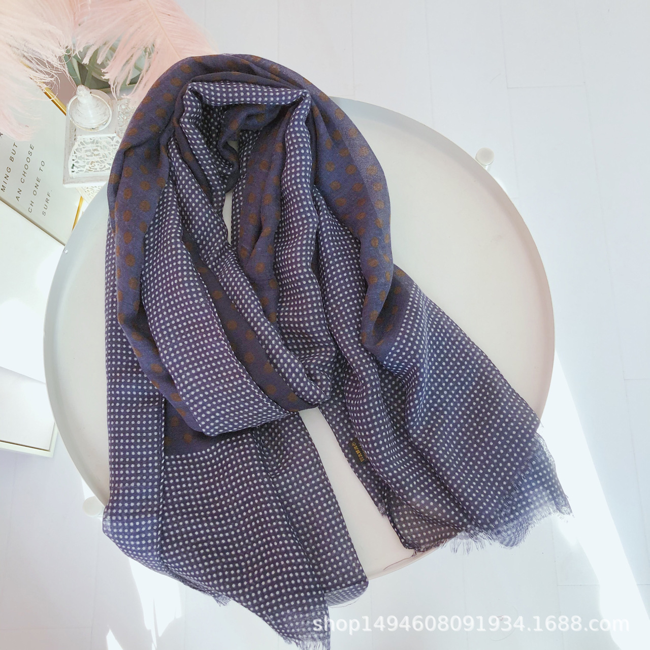 Women's Long Scarf New Spring And Autumn National Style Shawl Splicing Scarf Two-Color Polka Dot Beach Scarf