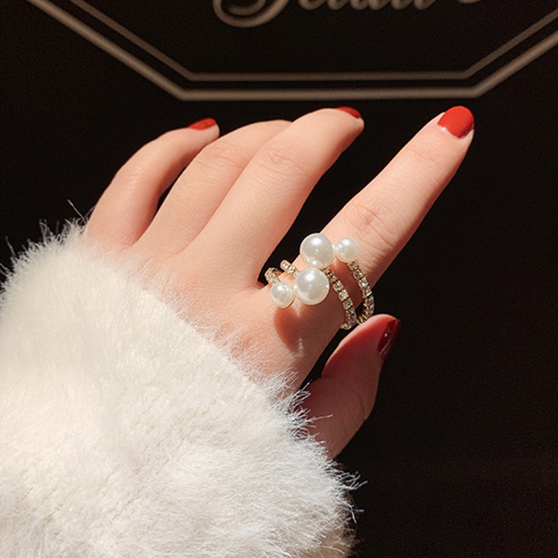 小众设计时尚个性珍珠开口戒指女ins潮 日系轻奢网红食指环可调节