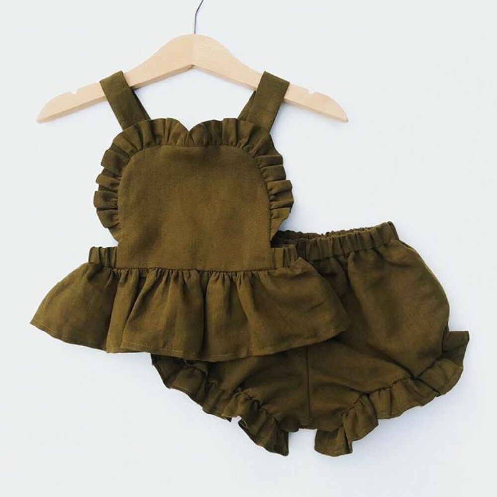 ins Summer children's cotton and linen fly-sleeved top +pp hot pants baby two-piece set with baby straps Application Scenario