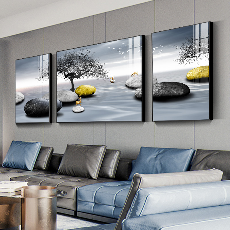 The living room decorative painting, sofa background wall, landscape hanging painting, modern and simple hotel three-panel mural Specification image