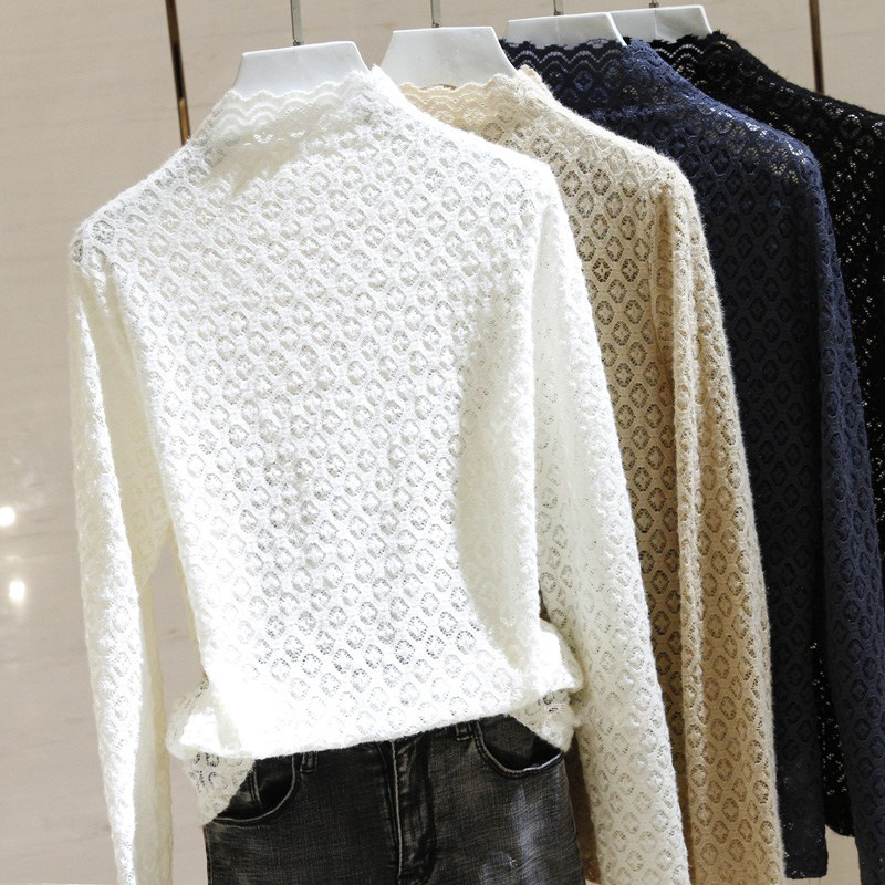 A new lace base layer shirt for autumn and winter, a slim and elastic semi-high-neck lace shirt for women to wear as an inner layer Application Scenario