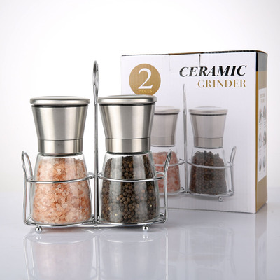 Cross-border pepper grinder, manual 304 stainless steel pepper grinder, delivery rack, color box, glass seasoning bottle