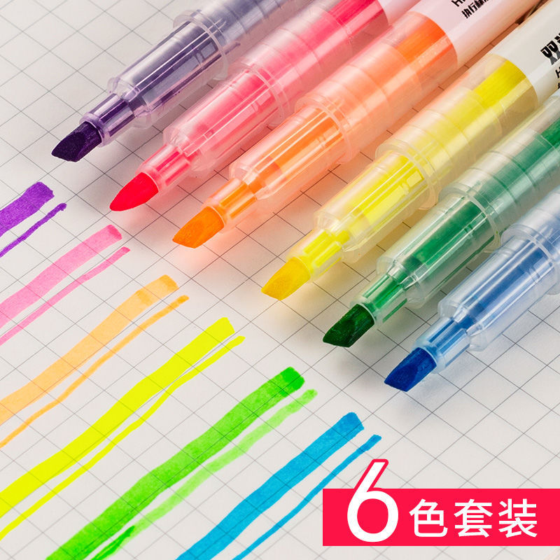 Wholesale of large capacity 6-piece sets of thick and thin double-headed fluorescent pen planner pens, colored candy highlight pens and marker pens details Picture