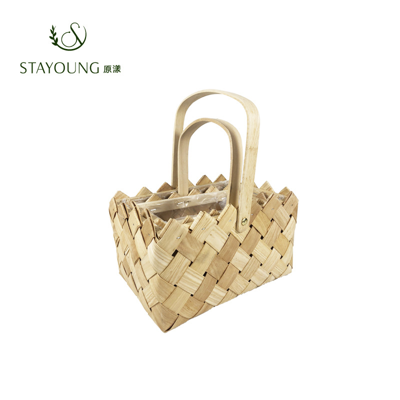 Yuanyang pastoral style wooden chip woven baskets, activity handle baskets, flower arrangement baskets, gift packaging baskets, and souvenir baskets Specification image