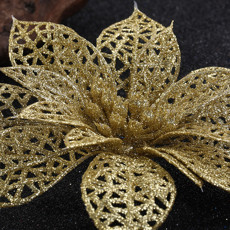 Christmas Flower Simulation Plastic Flower Christmas Tree Wreath Decoration Supplies Multi-Color Optional Christmas Hollow Gold Powder Flower Accessories Specification drawing