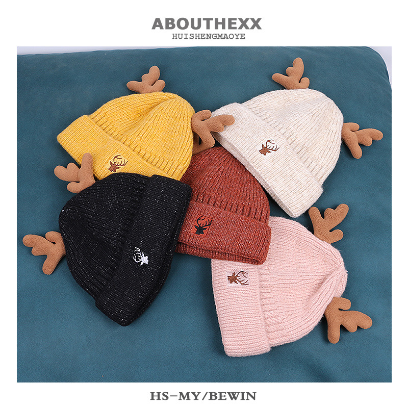 ABOUTHEXX women's autumn and winter Korean-style cute antler knitted hat with fleece lining for warmth and ear-protecting wool Specification image