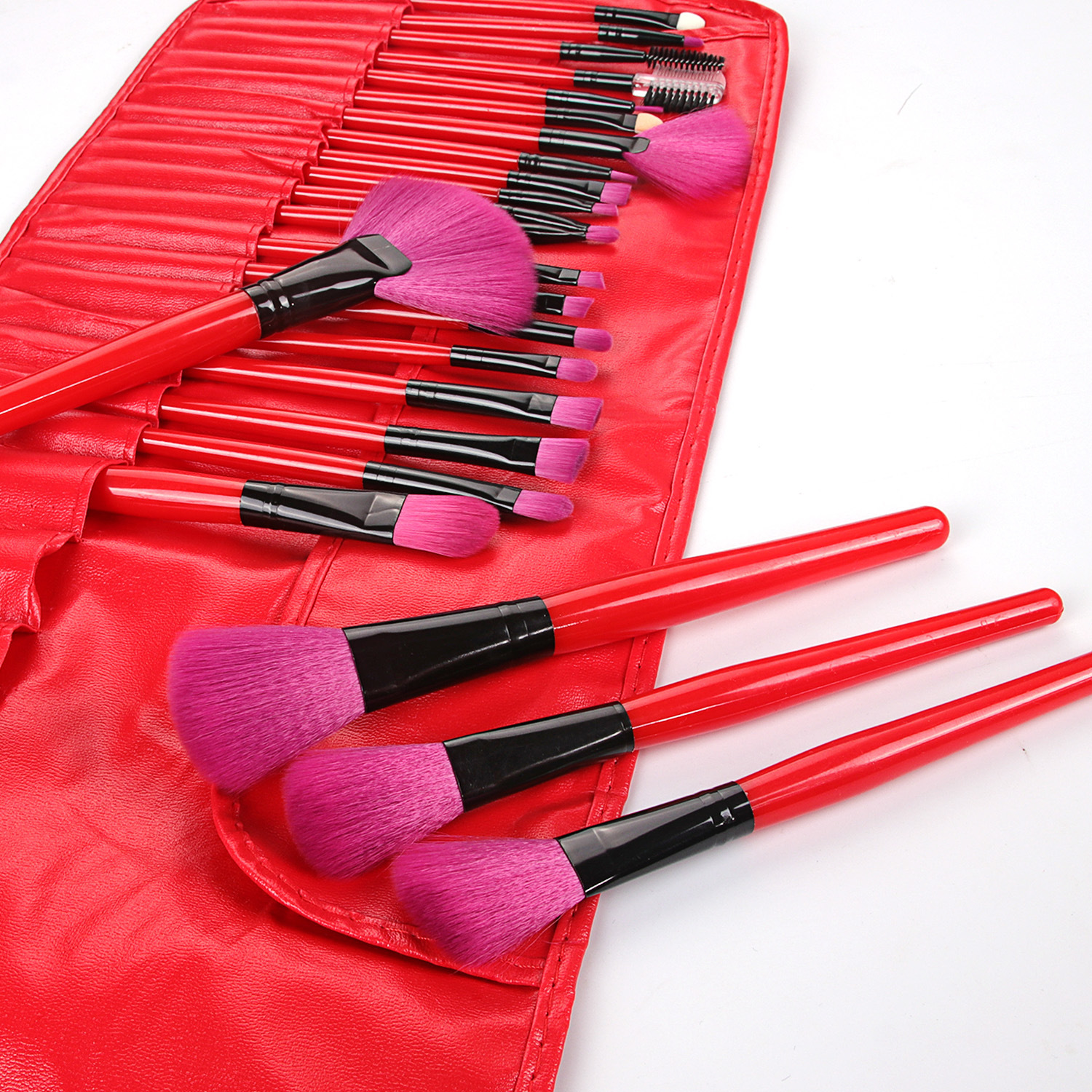 Shenglian Ball 24-piece makeup brush set, brown/natural wood color/pink PU bag, loose powder brush, eyeshadow brush set, makeup tools, makeup brushes details Picture