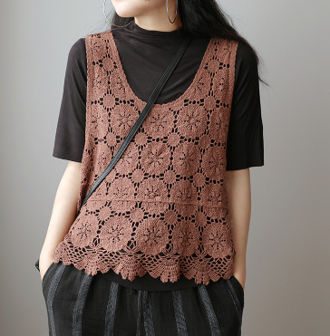 Spring New Cotton Thread Hook Flower Hollowed Out Small Vest Female Retro Art Loose Sleeveless Small Vest 3444 Item Picture