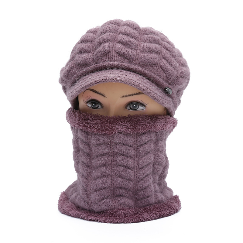 Middle-Aged And Elderly Autumn And Winter Warm Cashmere Two-Piece Set Of Women's Duck Tongue Rabbit Hair Knitted Hat Ear Strap Bib Manufacturers Wholesale Item Picture