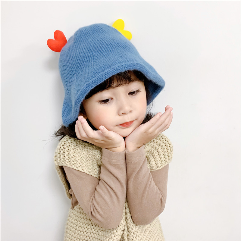 Baby hats: Super cute colorful heart-shaped knitted fisherman hats for autumn and winter, children's solid-color casual and versatile wide-brim woolen hats details Picture
