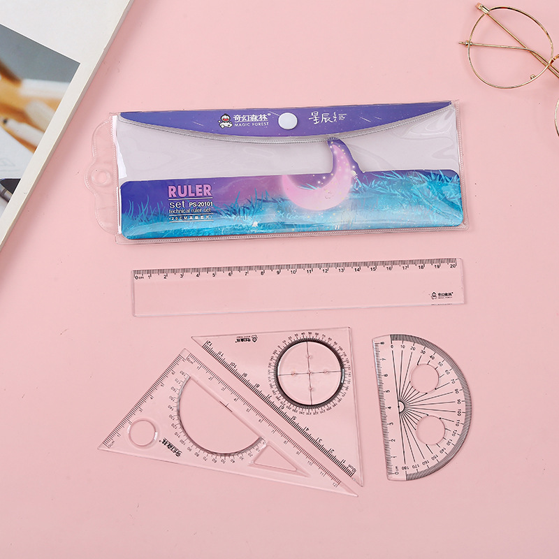 Student set of ruler 20cm square trigonometry protractor set of 4 pieces of transparent ruler set customization details Picture